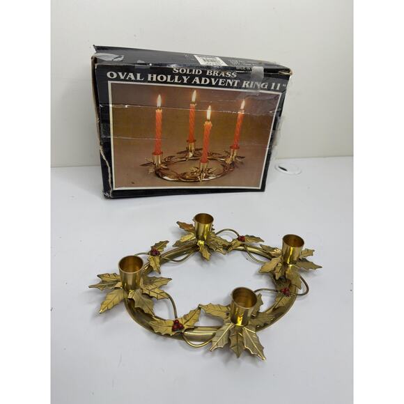 Vintage Oval Brass Holly Berries 4 Candlestick Holder 1970s - Picture 6 of 10